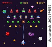 Space invaders game. Spaceship battle retro video game computer vintage arcade machine screen, alien invader ship 8 bit shooting pixel art geek videogame swanky vector illustration original artwork