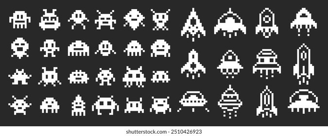 Invasores de espaço no estilo pixel art. Alienígenas, espaçonaves e monstros para jogos de arcade.