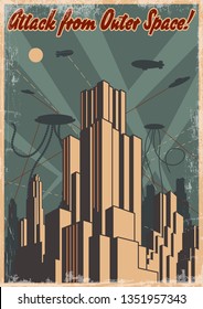 Space Invasion 1920's Retro Fantastic Movie Poster Style Modern City and UFO attack