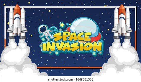 Space invasion sign template with astronaut and two spaceships illustration