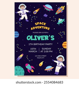 Space invitation for birthday party. Space elements and children astronauts. Poster, postcard, greeting card.