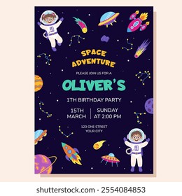 Space invitation for birthday party. Space elements and children astronauts. Poster, postcard, greeting card.