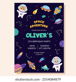 Space invitation for birthday party. Space elements and animals astronauts bunny and fox. Poster, postcard, greeting card.