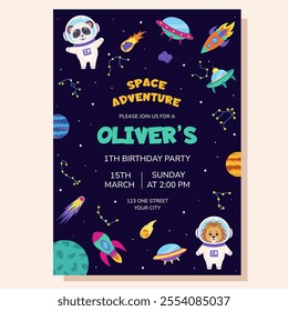 Space invitation for birthday party. Space elements and animals astronauts panda and lion. Poster, postcard, greeting card.