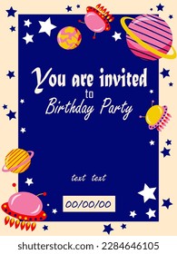 Space invitation card with colorful planets, stars, spaceships and copy space on blue background. Cartoon vector illustration.