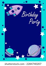 Space invitation card with planet, stars, spaceships and copy space on blue background with turquoise frame. Cartoon vector illustration.