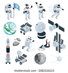 Space isometric set of scientific equipment and astronauts in spacesuits flying in no gravity outer cosmos isolated vector illustration