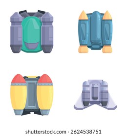 Space jetpack icons set cartoon vector. Equipment for personal air flight. Future technology