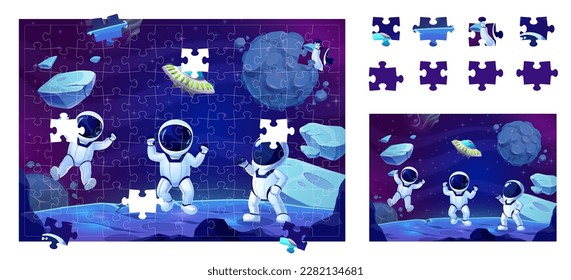 Space jigsaw puzzle game pieces. Cartoon astronauts on galaxy planet surface. Educational or recreational vector worksheet for preschool children activity with funny cosmonauts, ufo and fell out parts