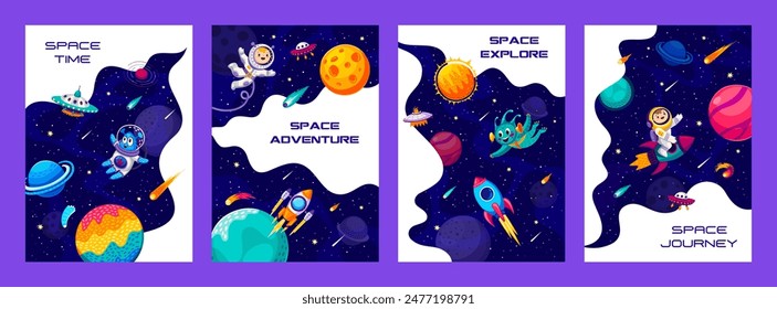 Space journey and galaxy explore posters with cartoon kid alien and astronaut characters, rocket and planets. Space exploration and discovery, outerspace travel vector posters with UFO and rockets