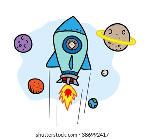 Space Journey, a hand drawn vector illustration of a space rocket flying, all objects are on separate groups for easy editing (including background).