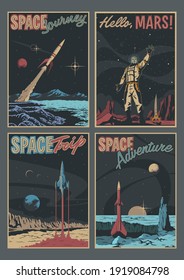 Space Journey Poster Set, Retro Futurism Space Illustrations, Spacecraft, Rockets, Astronaut, Alien Planets Surfaces