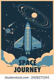 Viaje espacial. Póster retro en azul y blanco con un transbordador espacial con ilustración vectorial de texto