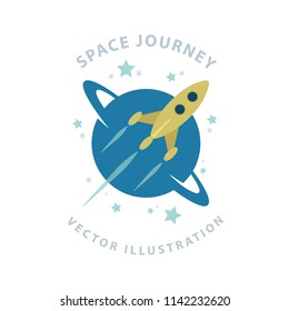 Space journey. Space shuttle and planet illustration.
Space, rocket, planet and stars. Design element, logo or emblem template.