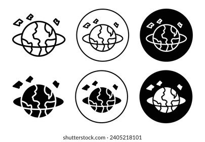 Space junk icon. outer earth planet garbage or debris trash pollution. shooting rock or dump plastic waste around earth globe symbol. space junk waste vector set logo