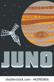 Space, Jupiter Themed Retro Poster/card With Stars And Satellite Doodle, And Text That Says JUNO