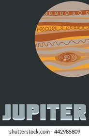 Space, Jupiter themed retro poster/card with text that says JUPITER