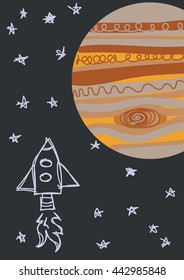 Space, Jupiter themed retro poster/card with doodled stars and space shuttle