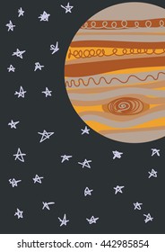 Space, Jupiter themed retro poster/card with doodled stars. 