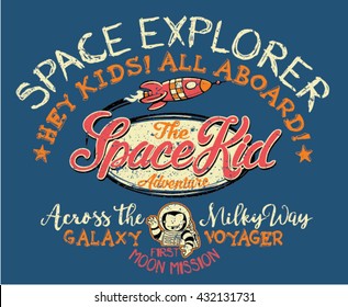 Space kid adventures, print for children wear in custom colors, grunge effect in separate layer