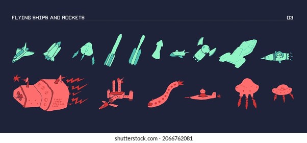 Space for kids. Collection of colorful  hand drawn vector illustrations. Cosmos objects, spaceships