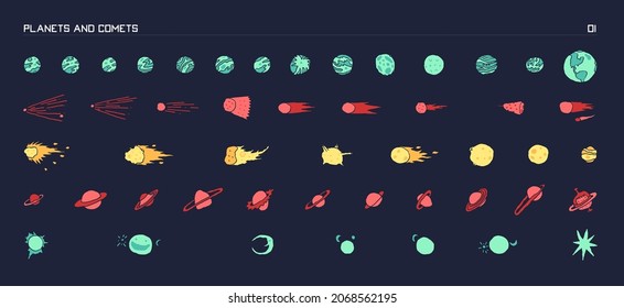 Space for kids. Collection of colorful  hand drawn vector illustrations. Cosmos objects, planets, asteroids, comets