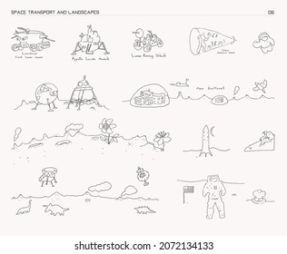 Space for kids. Collection of colorful  hand drawn vector illustrations. Cosmos objects, 
