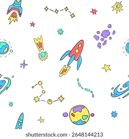 Space for kids, colored objects. Playful sketch pattern on transparent background. Swatches included