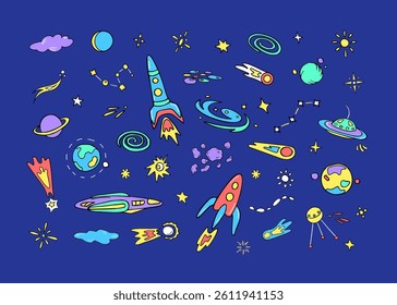 Space for kids, fun sketches. Collection of various colorful doodle cosmos objects
