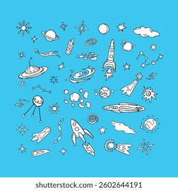 Space for kids, fun sketches. Set of black and white cosmos objects, outline design for prints