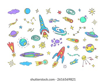 Space for kids, fun sketches. Set of colored cosmos objects on white background, outline design