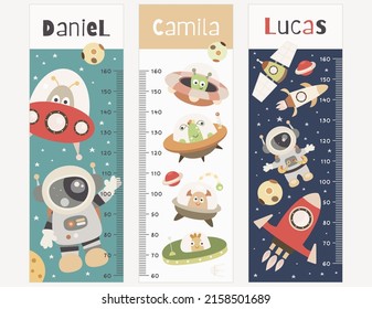 Space kids height chart with cute aliens, astronauts, spaceships in doodle cartoon style. Vector Illustration. Childish meter wall for nursery design with outer space. Great for girl and boy.