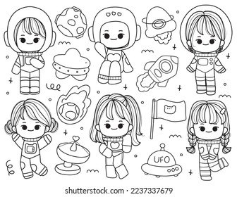 Space kids outline, coloring page vector illustration