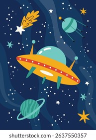 Space kids poster. A ufo, a flying saucer among the stars and comets.A postcard, a flyer, an invitation.A flat vector illustration from a cartoon.