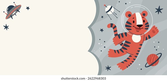 Space kids poster.Animal astronauts in among the stars and comets,Giraffe.A postcard, a flyer, an invitation.Vector cartoon flat illustration.