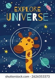 Space kids poster.Animal astronauts in among the stars and comets,Giraffe.A postcard, a flyer, an invitation.Vector cartoon flat illustration.