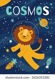 Space kids poster.Animal astronauts in among the stars and comets,lion.A postcard, a flyer, an invitation.Vector cartoon flat illustration.