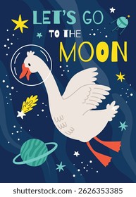 Space kids poster.Animal astronauts in among the stars and comets,goosea.A postcard, a flyer, an invitation.Vector cartoon flat illustration.