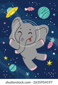 Space kids poster.Animal astronauts in among the stars and comets,elephant.A postcard, a flyer, an invitation.Vector cartoon flat illustration.