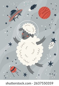 Space kids poster.Animal astronauts in among the stars and comets.A postcard, a flyer, an invitation.Vector cartoon flat illustration.