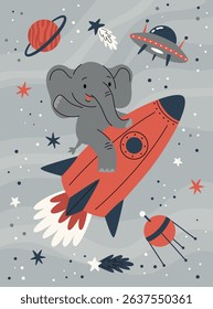 Space kids poster.Animal astronauts in among the stars and comets,elephant on a rocket.A postcard, a flyer, an invitation.Vector cartoon flat illustration.