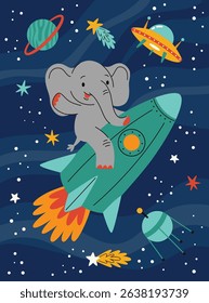 Space kids poster.Animal astronauts in among the stars and comets,elephant on a rocket.A postcard, a flyer, an invitation.Vector cartoon flat illustration.