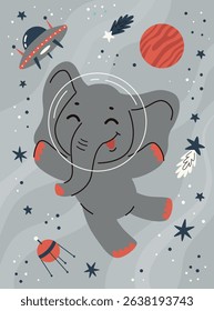 Space kids poster.Animal astronauts in among the stars and comets.Elephant.A postcard, a flyer, an invitation.Vector cartoon flat illustration.