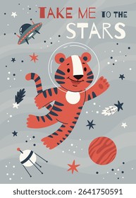Space kids poster.Animal astronauts in among the stars and comets,tiger.A postcard, a flyer, an invitation.Vector cartoon flat illustration.