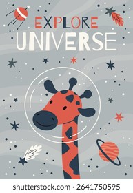Space kids poster.Animal astronauts in among the stars and comets,Giraffe.A postcard, a flyer, an invitation.Vector cartoon flat illustration.