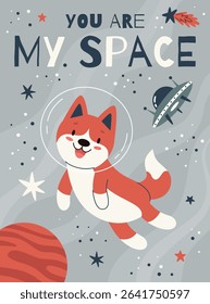 Space kids poster.Animal astronauts in among the stars and comets,dog.A postcard, a flyer, an invitation.Vector cartoon flat illustration.
