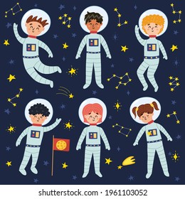 Space kids in suits and helmets collection. Cute children astronauts set. Cartoon characters. Vector illustration
