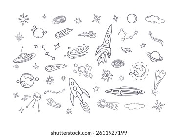 Space for kids, trendy fun sketches. Set of black and white outline design elements for coloring etc