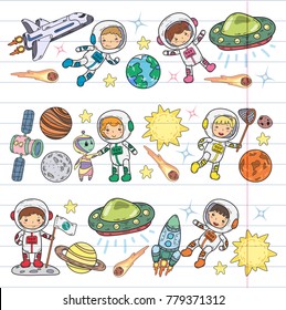 Space Kindergarten, school Astronomy lesson Children, doodle kids illustration Ufo, alien, Moon surface, Earth, Jupiter, Saturn, Mars Vector icons