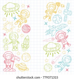 Space Kindergarten, school Astronomy lesson Children, doodle kids illustration Ufo, alien, Moon surface, Earth, Jupiter, Saturn, Mars Vector icons